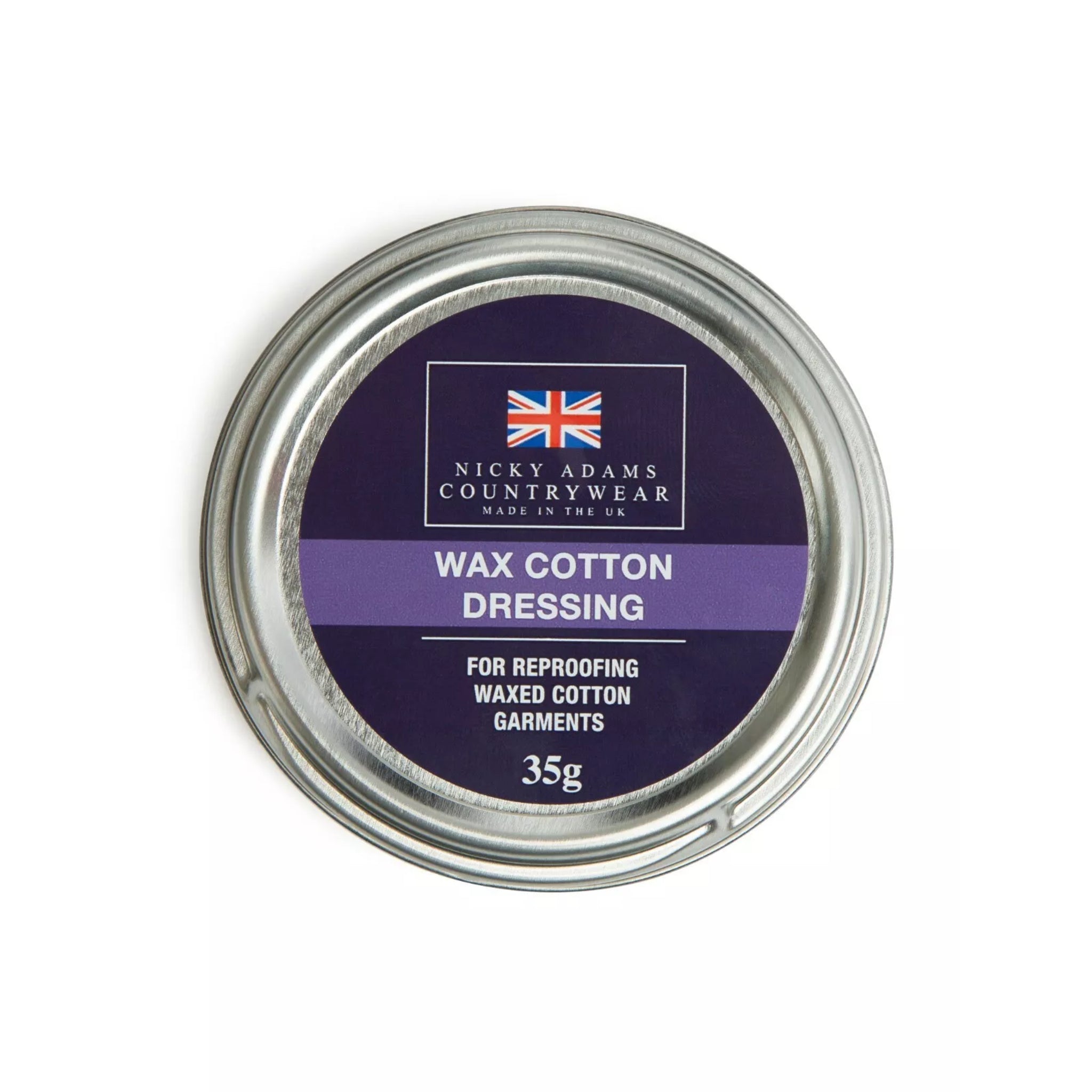 Nicky Adams Countrywear Wax Cotton Dressing ā 35g tin of reproofing wax for waterproofing and restoring waxed jackets and hats